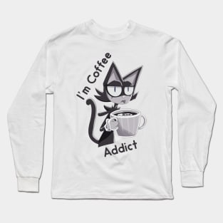 Funny Cocky Cat Addicted With Coffee Long Sleeve T-Shirt